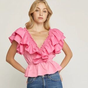 Entro Bree Solid Pink Ruffled Peplum Top Medium